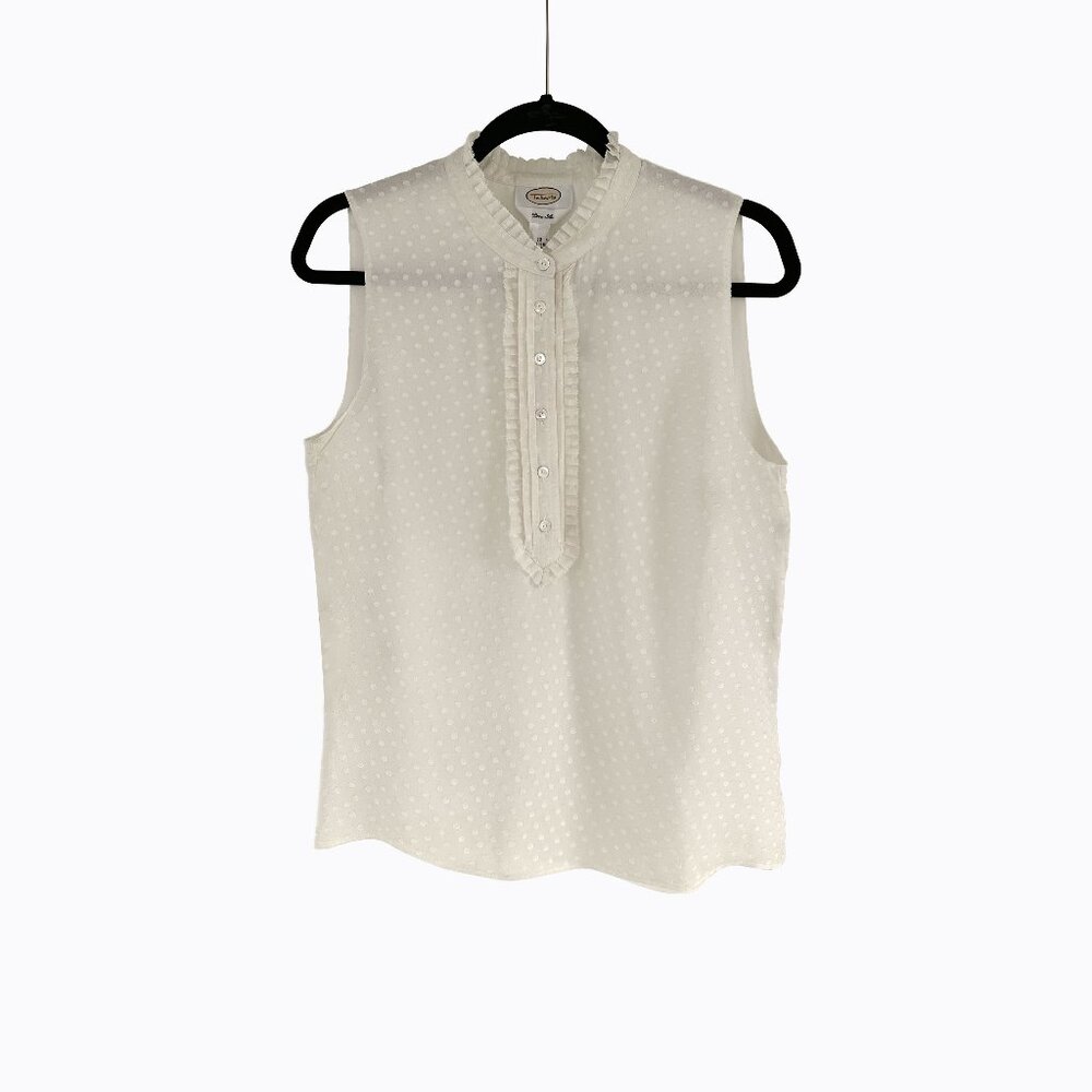 Vtg Silk Ruffle Neck Top 12 Ivory Sheer Sleeveless Polka Dot Cottagecore Luxury